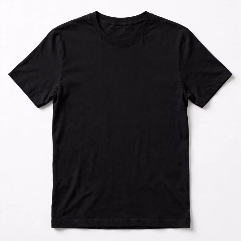 Black blank t-shirt front flat lay with smooth print-ready chest
