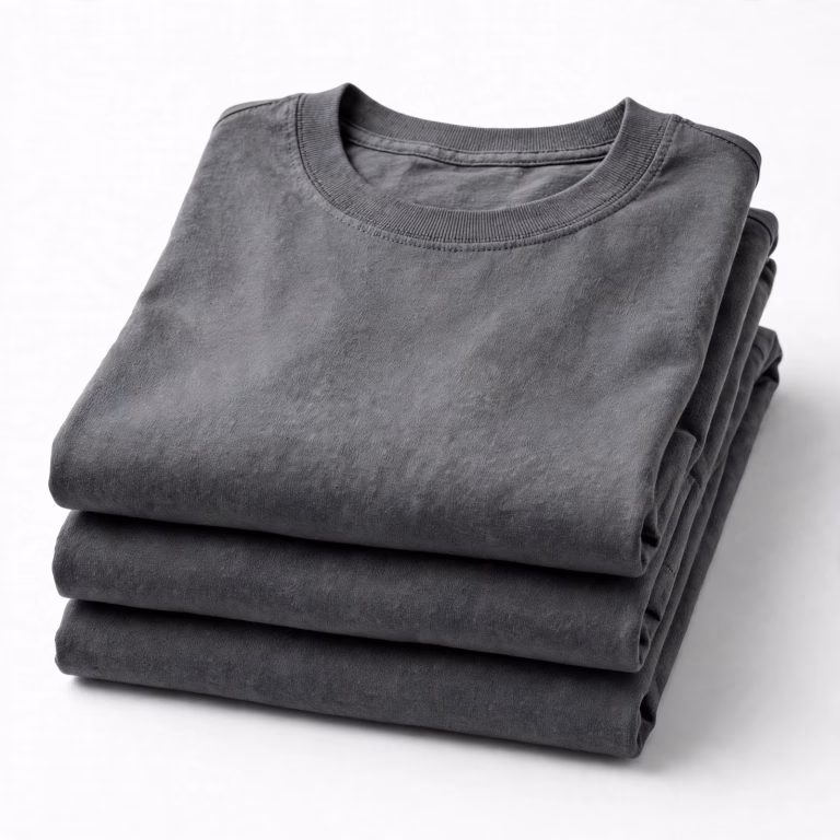 Folded stack of charcoal grey blank t-shirts