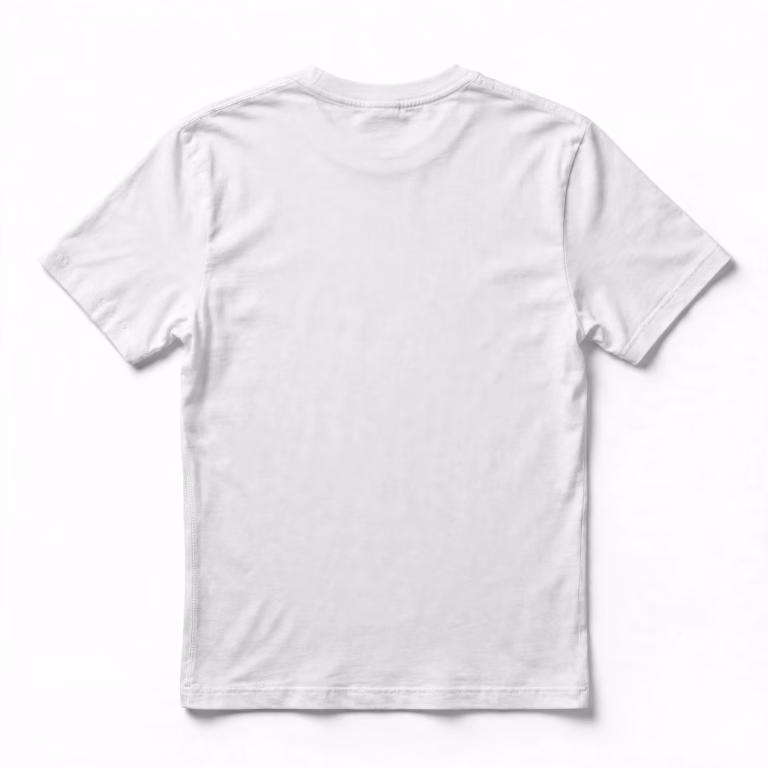 Back view of a white blank t-shirt laid flat