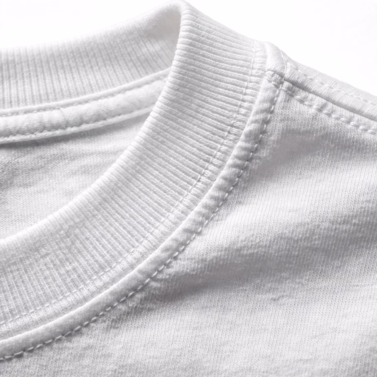 Close view of ribbed collar stitching on a cotton bulk t-shirt