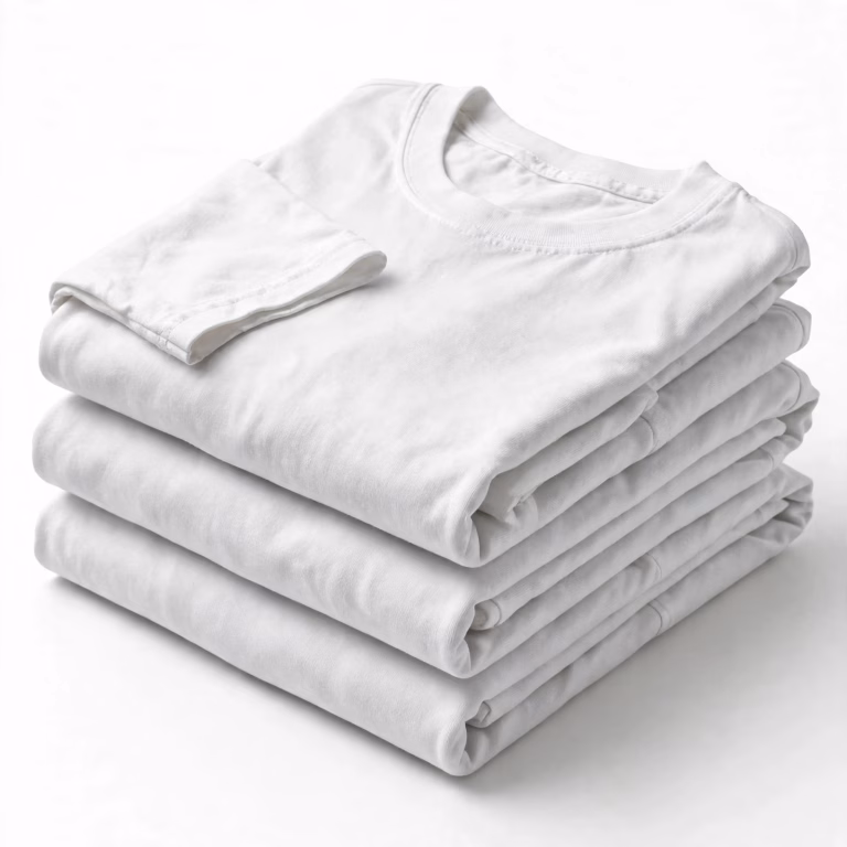 Bulk blank t-shirts in a folded stack from a bulk t-shirt manufacturer in Bangladesh
