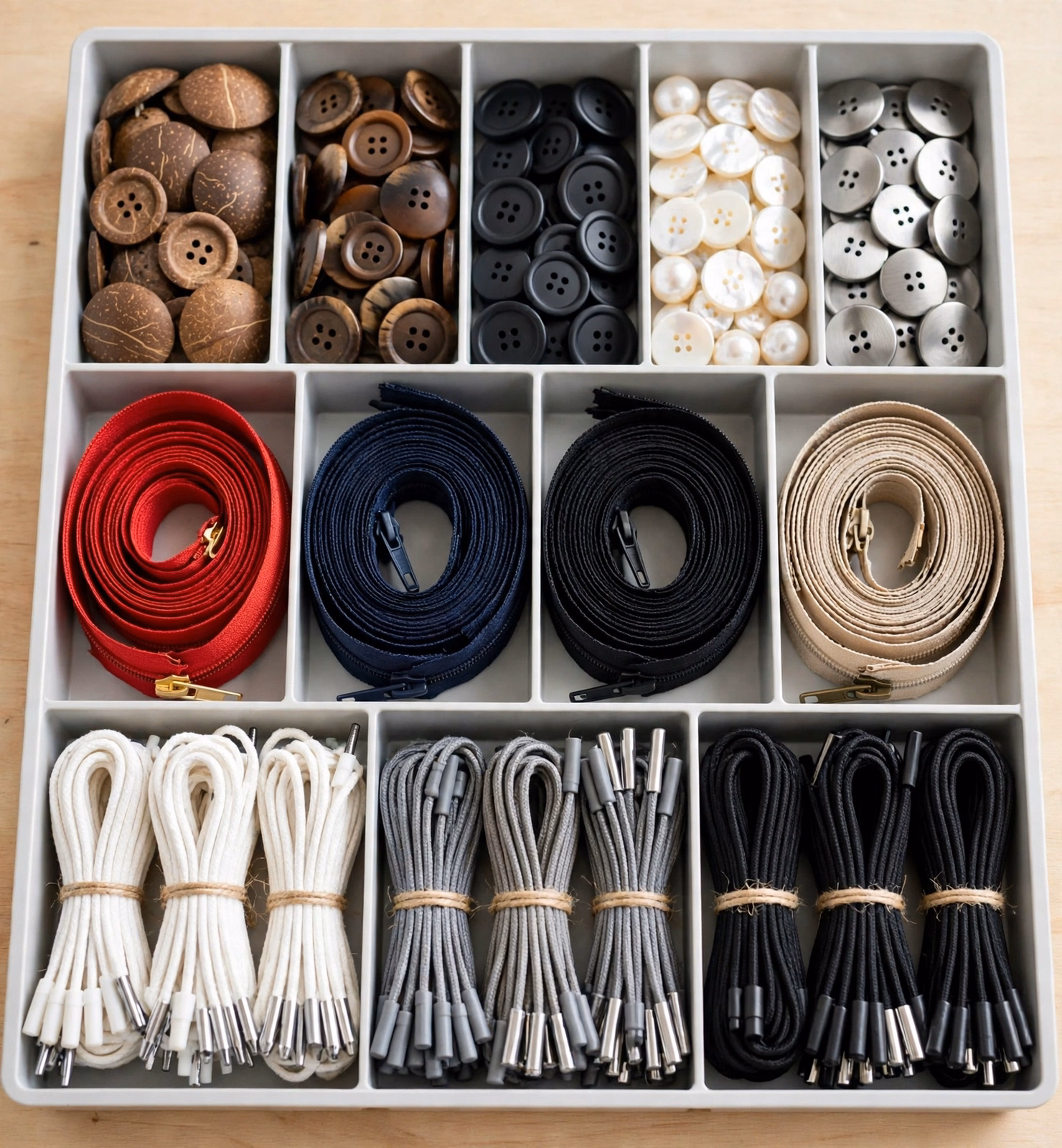 Buttons Zippers Drawcords Tray