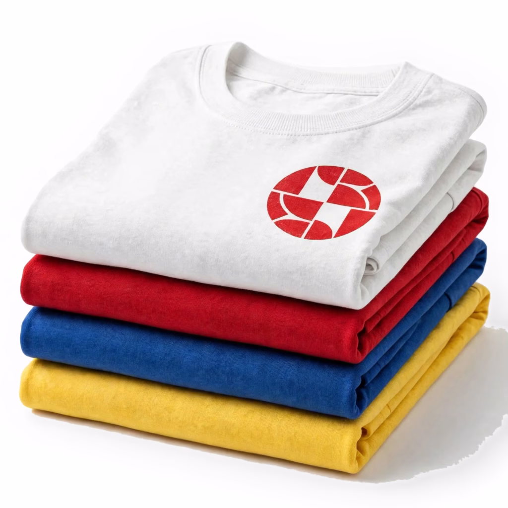 folded stack of promo t shirts